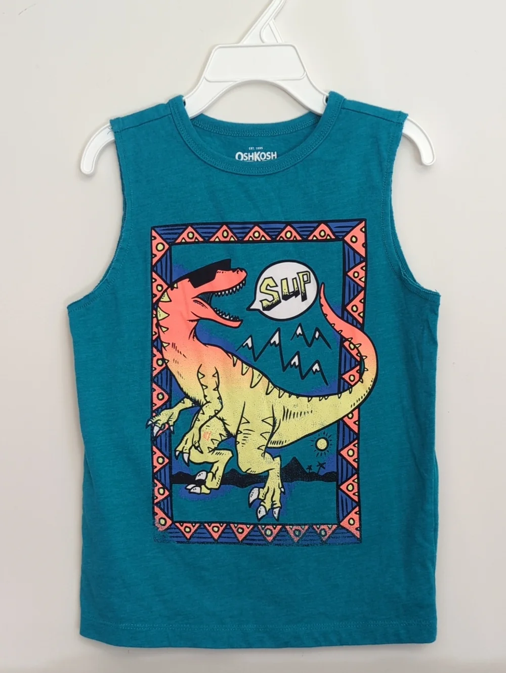 3/$20🌟 OshKosh B'gosh Boy's Teal Raw Cut T-Rex Dinosaur Graphic Tank Size 6